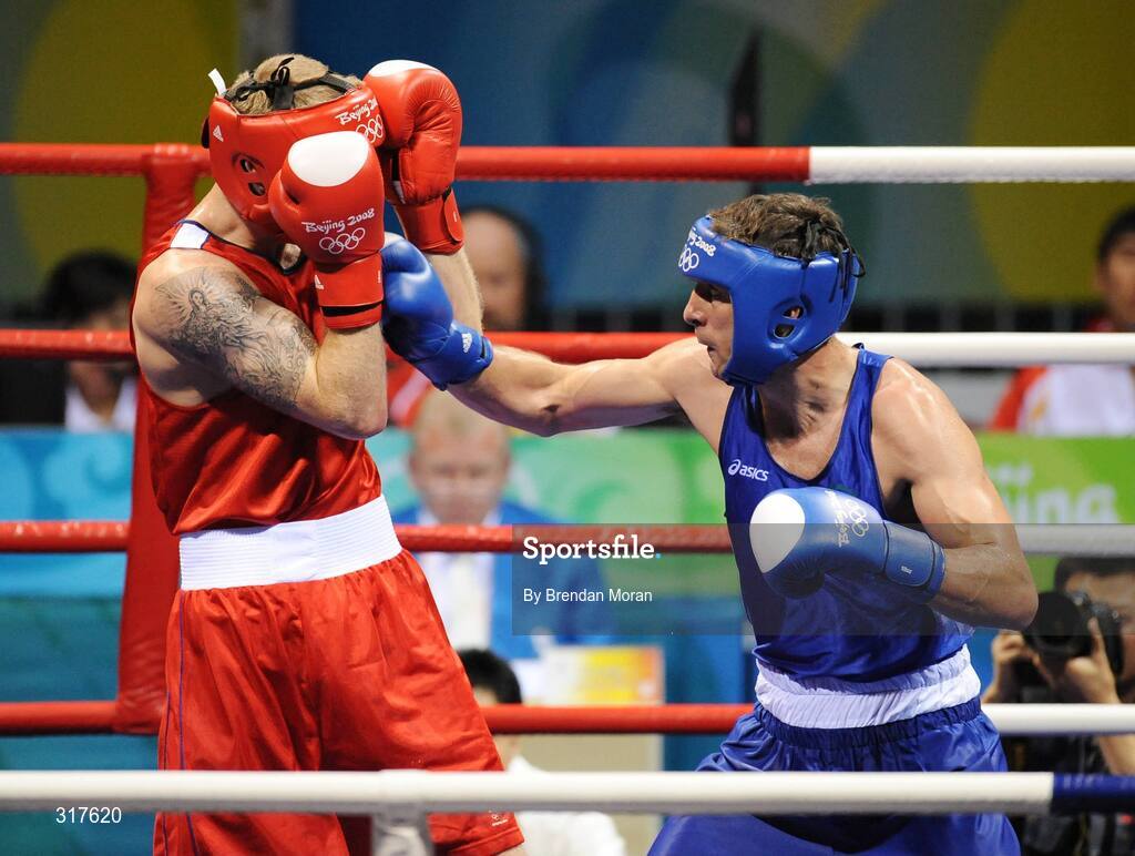 22 August 2008; Kenny Egan, Ireland, in action against Tony Jeffries, in red, Great Britain, during their semi-final bout in the Light Heavy weight, 81kg, contest. Beijing 2008 - Games of the XXIX Olympiad, Beijing Workers' Gymnasium, Olympic Green, Beijing, China. Picture credit: Brendan Moran / SPORTSFILE