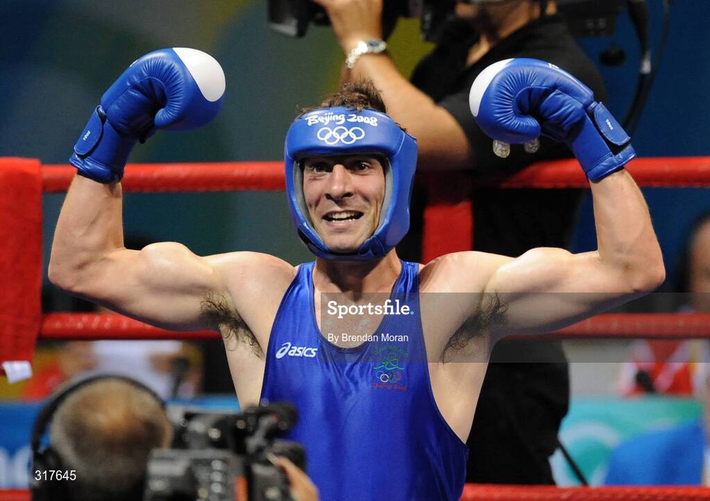 22 August 2008; Kenny Egan, Ireland, celebrates his victory over Tony Jeffries, Great Britain, during their semi-final bout in the Light Heavy weight, 81kg, contest. Beijing 2008 - Games of the XXIX Olympiad, Beijing Workers' Gymnasium, Olympic Green, Beijing, China. Picture credit: Brendan Moran / SPORTSFILE