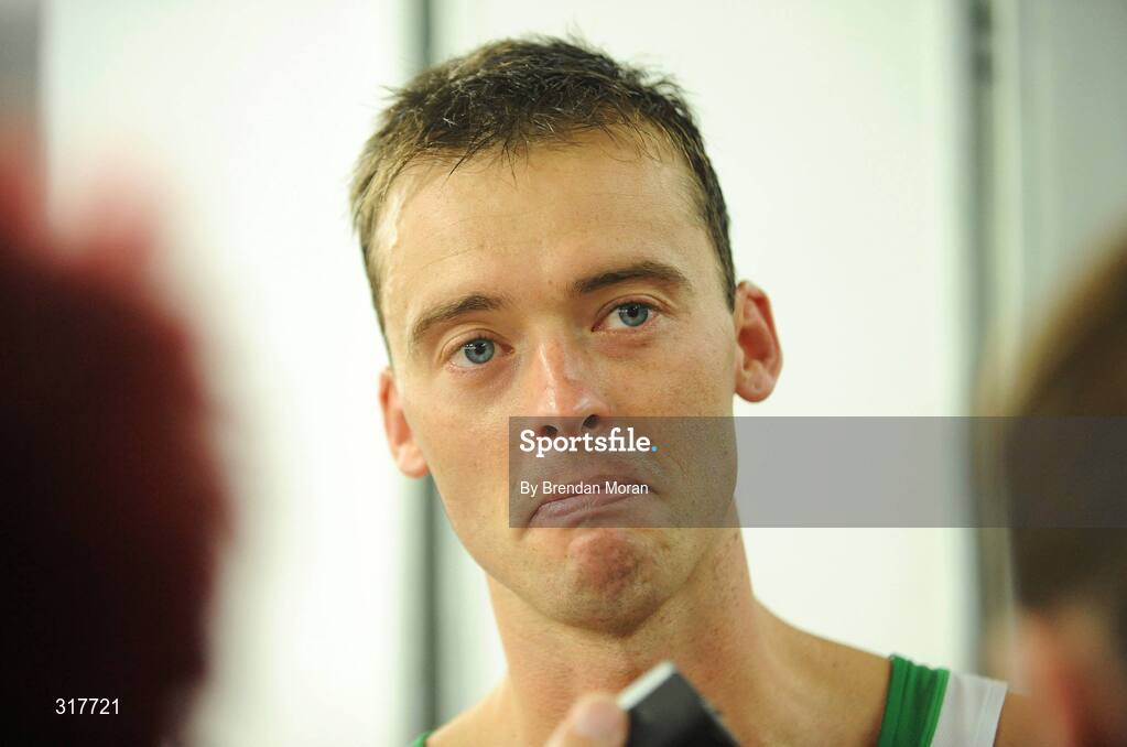 23 August 2008; Alistair Cragg, Ireland, speaking to journalists after the Men's 5000m Final, which he failed to finish. Beijing 2008 - Games of the XXIX Olympiad, National Stadium, Olympic Green, Beijing, China. Picture credit: Brendan Moran / SPORTSFILE