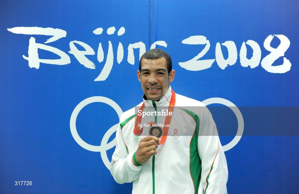 23 August 2008; Ireland's Darren Sutherland with his  Olympic Bronze Medal which was presented after the final of the the Middleweight, 75kg, division. Beijing 2008 - Games of the XXIX Olympiad, Beijing Workers' Gymnasium, Olympic Green, Beijing, China. Picture credit: Ray McManus / SPORTSFILE