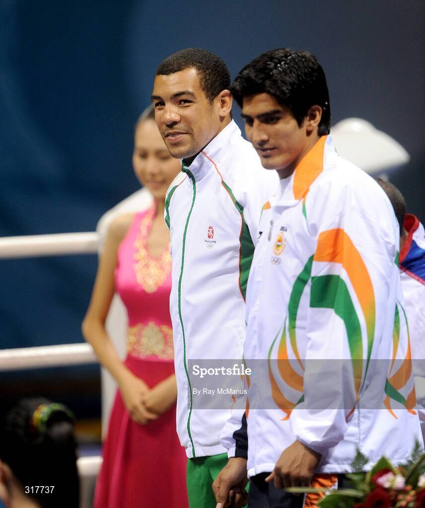 23 August 2008; Ireland's Darren Sutherland awaits the presentation of an Olympic Bronze Medal after the final of the Middleweight, 75kg, division. Beijing 2008 - Games of the XXIX Olympiad, Beijing Workers' Gymnasium, Olympic Green, Beijing, China. Picture credit: Ray McManus / SPORTSFILE