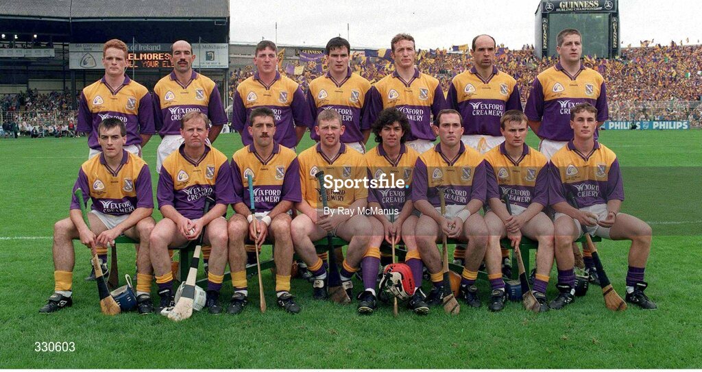 1 September 1996; The Wexford hurling team, back row, from left, Rod Guiney, George O'Connor, Gary Laffan, Adrian Fenlon, Larry Murphy, John O'Connor, Ger Cushe, front row, from left, Liam Dunne, Tom Dempsey, Martin Storey, Damien Fitzhenry, Seán Flood, Éamonn Scallan, Colm Kehoe, and Rory McCarthy ahead of the All Ireland Hurling Final match between Wexford and Limerick at Croke Park in Dublin. Photo by Ray McManus/Sportsfile