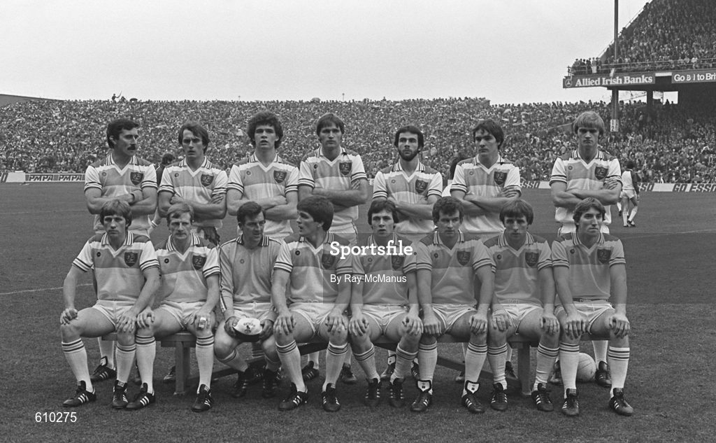 19 September 1982; The Offaly team, back row, from left, Seán Lowry, Gerry Carroll, Pádraig Dunne, Liam O'Connor, Liam Currams, Matt Connor and Tomás O'Connor, with front row, left to right, Mick Fitzgerald, Pat Fitzgerald, Martin Furlong, Richie Connor, John Guinan, Johnny Mooney, Brendan Lowry and Michael Lowry before the All-Ireland Senior Football Championship Final match between Offally and Kerry at Croke Park in Dublin. Photo by Ray McManus/Sportsfile