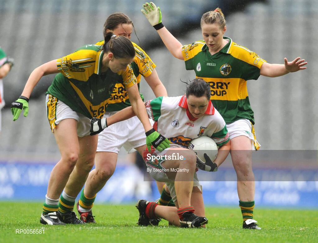 16 August 2008; Caroline McGing, Mayo, in action against Margaret O'Donoghue, left, Edel Murphy and Debra Murphy, right, Kerry. TG4 All-Ireland Ladies Senior Football Championship Quarter-Final, Mayo v Kerry, Croke Park, Dublin. Picture credit: Stephen McCarthy / SPORTSFILE