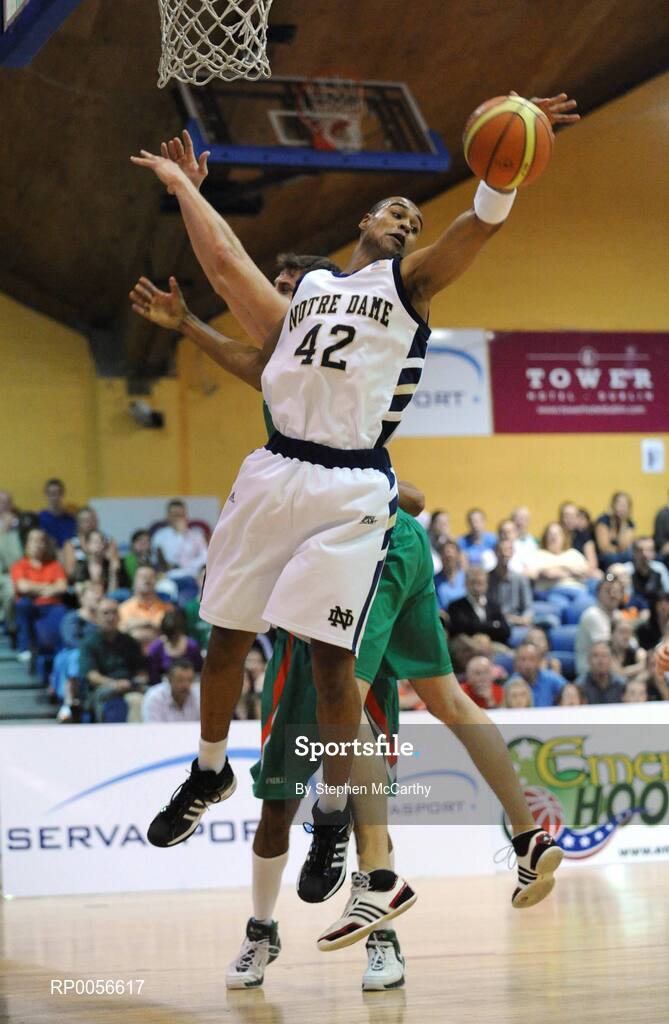 21 August 2008; Ryan Ayers, Notre Dame, in action against Justen Naughton, Ireland. Emerald Hoops Day 1, Ireland v Notre Dame, National Basketball Arena, Tallaght, Dublin. Picture credit: Stephen McCarthy / SPORTSFILE
