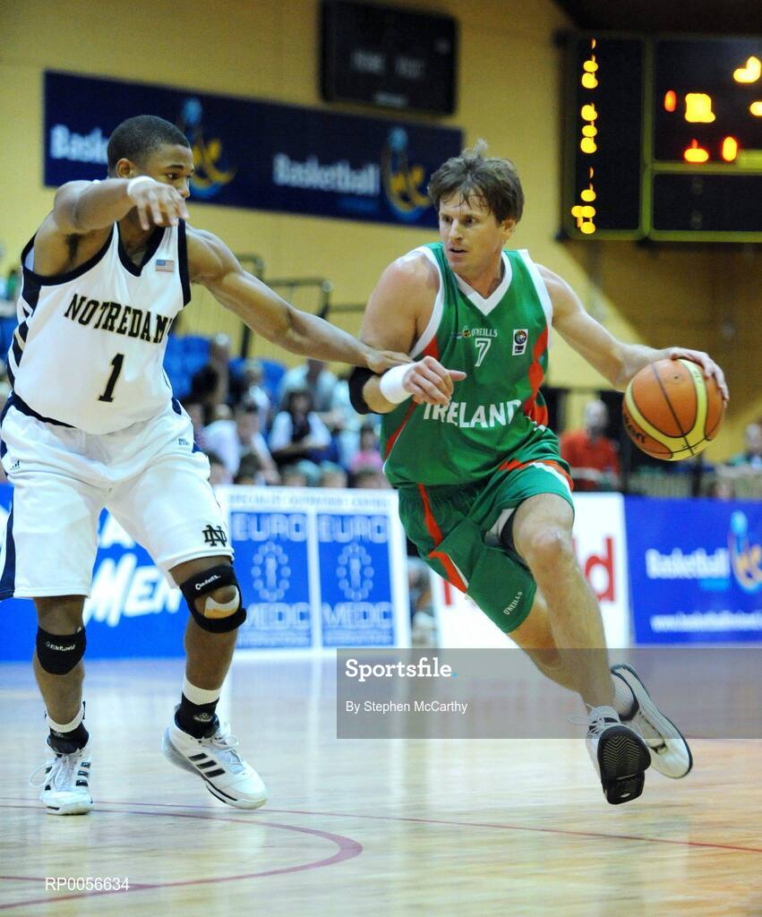 21 August 2008; Jay Larranaga, Ireland, in action against Tyrone Nash, Notre Dame. Emerald Hoops Day 1, Ireland v Notre Dame, National Basketball Arena, Tallaght, Dublin. Picture credit: Stephen McCarthy / SPORTSFILE