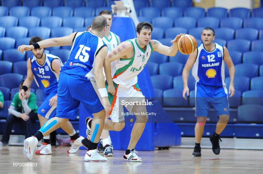 22 August 2008; Justen Naughton, Ireland, in action against Sigurour Ingimundarson, Iceland. Emerald Hoops Day 2, Ireland v Iceland, National Basketball Arena, Tallaght, Dublin. Picture credit: Stephen McCarthy / SPORTSFILE