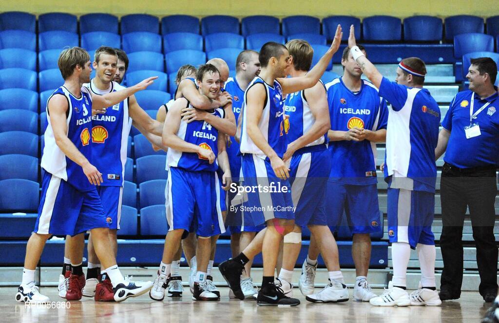 22 August 2008; Iceland players celebrate their side's victory after Logi Gunnarsson, 14, scored his side's winning basket. Emerald Hoops Day 2, Ireland v Iceland, National Basketball Arena, Tallaght, Dublin. Picture credit: Stephen McCarthy / SPORTSFILE
