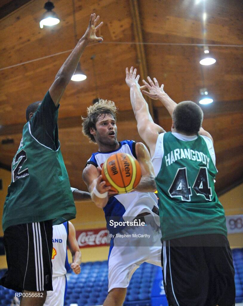 23 August 2008; Jon Arnor Stefansson, Iceland, in action against Ryan Ayers, left, and Luke Harangody, Notre Dame. Emerald Hoops Day 3, Notre Dame v Iceland, National Basketball Arena, Tallaght, Co. Dublin. Picture credit: Stephen McCarthy / SPORTSFILE