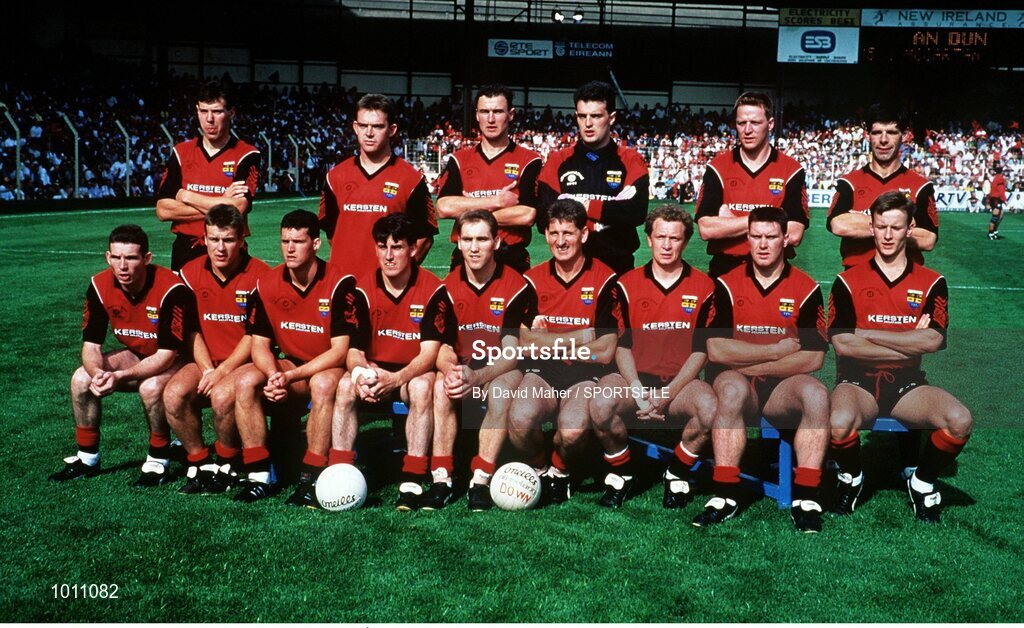 15 September 1991; The Down team, back row, left to right, Éamon Burns, Paul Higgins, Conor Deegan, Neil Collins, Barry Breen, Greg Blaney, front row, left to right, Ross Carr, James McCartan, Gary Mason, Brendan McKernan, Mickey Linden, Paddy O'Rourke, DJ O'Kane, Peter Whitnell, John Kelly. All-Ireland Senior Football Championship Final, Down v Meath, Croke Park, Dublin. Picture credit; David Maher / SPORTSFILE