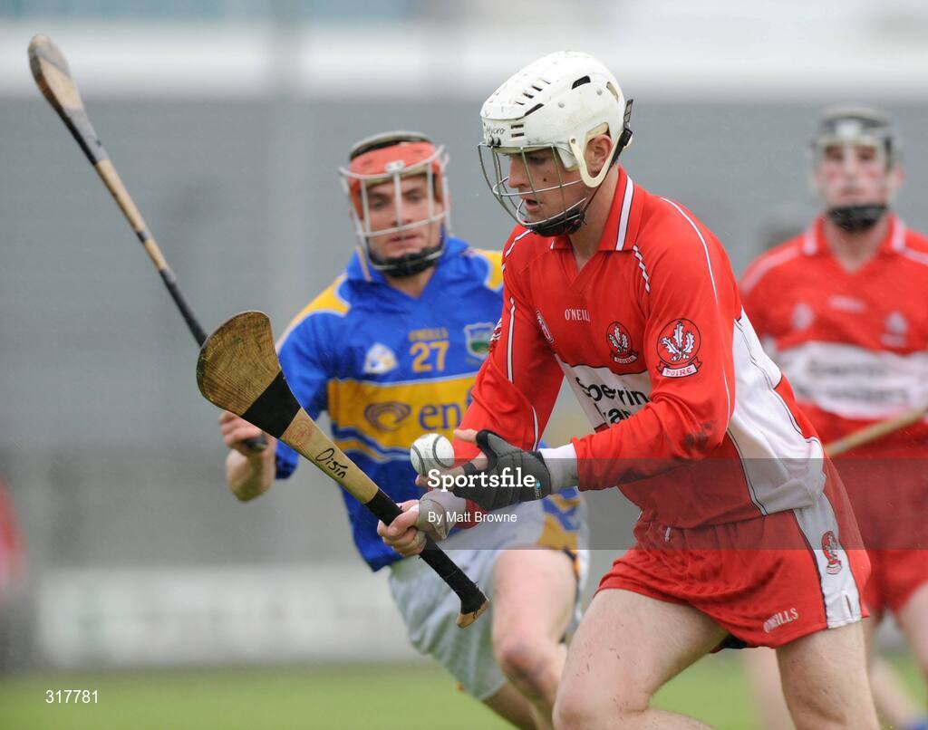 23 August 2008; Oisin McCloskey, Derry, in action against Timmy Hammersley, Tipperary. Bord Gais GAA Hurling U21 All-Ireland Championship Semi-Final - Tipperary v Derry, Cusack Park, Mullingar, Co. Westmeath. Picture credit: Matt Browne / SPORTSFILE