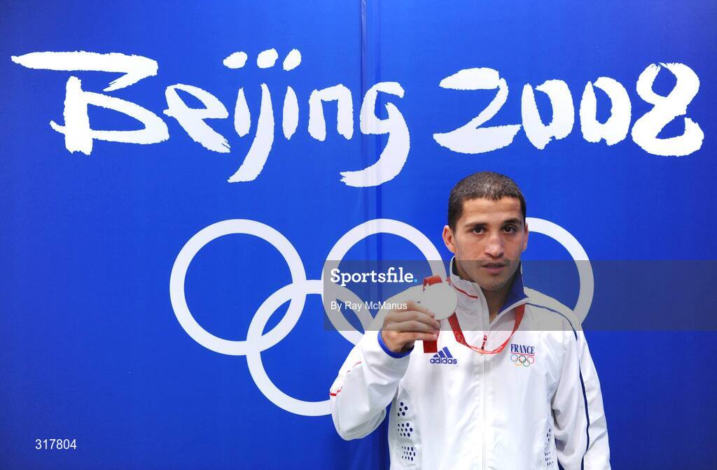 23 August 2008; Khedafi Djelkhir, France, celebrates with his Silver medal after the final of the Feather weight, 57kg, division. Beijing 2008 - Games of the XXIX Olympiad, Beijing Workers' Gymnasium, Olympic Green, Beijing, China. Picture credit: Ray McManus / SPORTSFILE