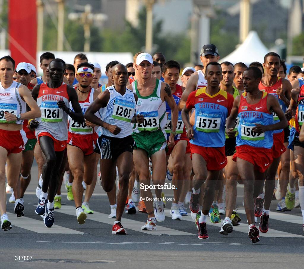 24 August 2008; Martin Fagan, 2043, Ireland, in action during the Men's Marathon which he failed to finish. Beijing 2008 - Games of the XXIX Olympiad, National Stadium, Olympic Green, Beijing, China. Picture credit: Brendan Moran / SPORTSFILE