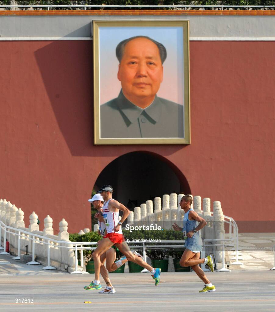 24 August 2008; Martin Fagan, partially hidden, Ireland, leads a group through Tian'anmen Square during the Men's Marathon which he failed to finish. Beijing 2008 - Games of the XXIX Olympiad, National Stadium, Olympic Green, Beijing, China. Picture credit: Brendan Moran / SPORTSFILE