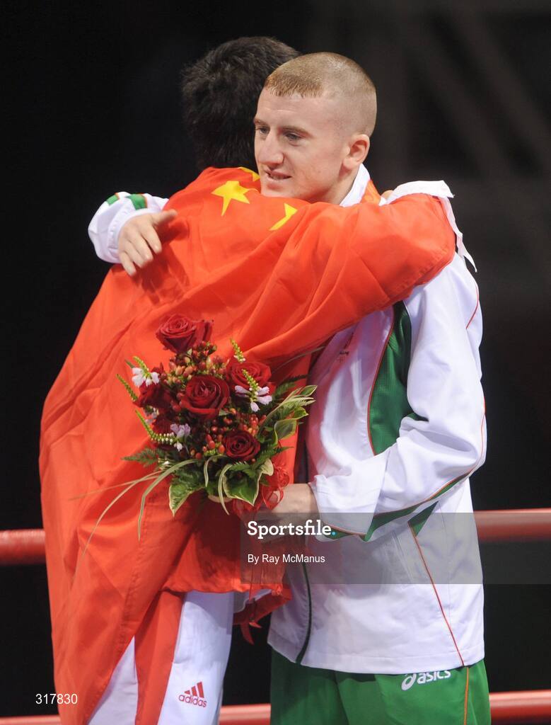 24 August 2008; Ireland's Paddy Barnes is congratulated by gold medal winner Shiming Zou after the presentation of his bronze medal that he won in the Light Fly weight, 48kg, category. Beijing 2008 - Games of the XXIX Olympiad, Beijing Workers' Gymnasium, Olympic Green, Beijing, China. Picture credit: Ray McManus / SPORTSFILE