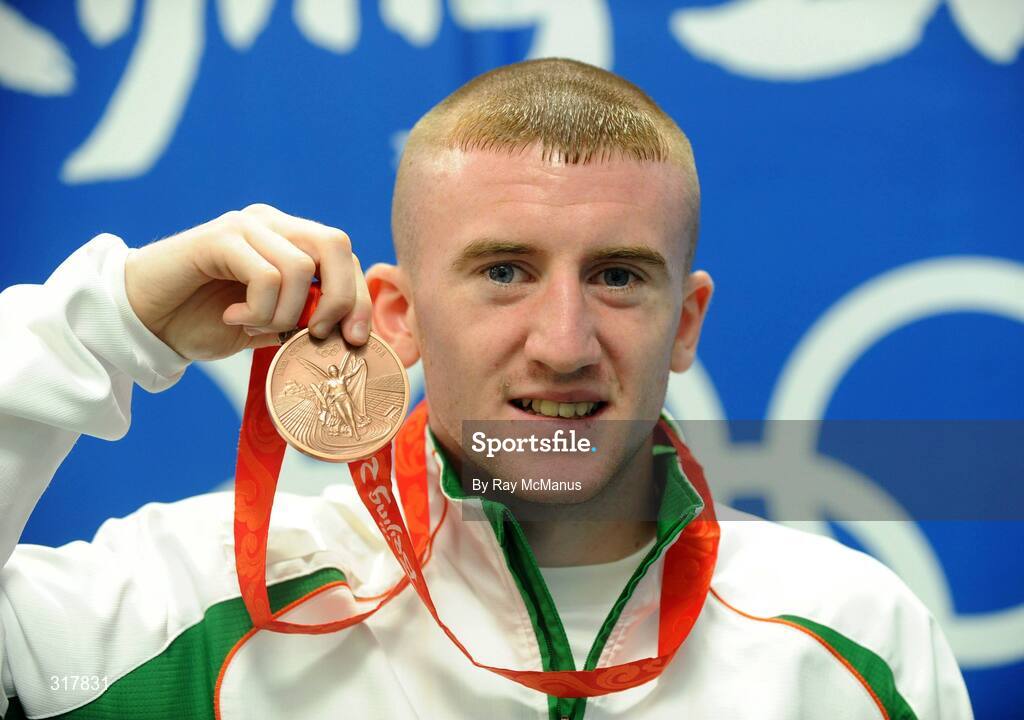 24 August 2008; Ireland's Paddy Barnes celebrates with his bronze medal after the presentation in the Light Fly weight, 48kg, category. Beijing 2008 - Games of the XXIX Olympiad, Beijing Workers' Gymnasium, Olympic Green, Beijing, China. Picture credit: Ray McManus / SPORTSFILE