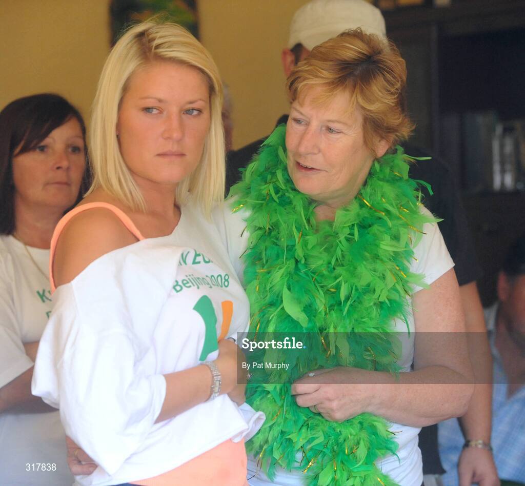 24 August 2008; Maura Egan, mother, and Karen Sullivan, left, girlfriend of Irish Boxer Kenny Egan, in the family home in Clondalkin, Dublin, as Kenny was presented with his silver medal after his final bout in the light heavyweight, 71kg, contest at the Beijing 2008 Olympics Games, China. Picture credit: Pat Murphy / SPORTSFILE