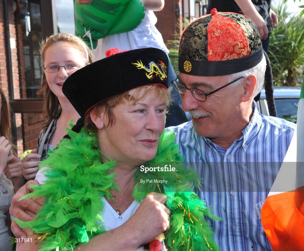 24 August 2008; Maura and Paul Egan, parents of Irish Boxer Kenny Egan, outside the family home in Clondalkin, Dublin, after their son was presented with his silver medal after his final bout in the light heavyweight, 71kg, contest at the Beijing 2008 Olympics Games, China. Picture credit: Pat Murphy / SPORTSFILE