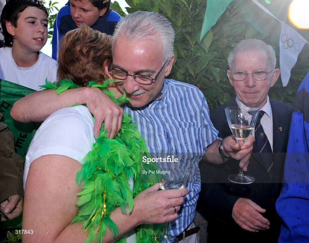 24 August 2008; Maura and Paul Egan, parents of Irish Boxer Kenny Egan, outside the family home in Clondalkin, Dublin, with Austin Carruth, father of 1992 Olympic Gold medalist Michael Carruth, after their son was presented with his silver medal after his final bout in the light heavyweight, 71kg, contest at the Beijing 2008 Olympics Games, China. Picture credit: Pat Murphy / SPORTSFILE