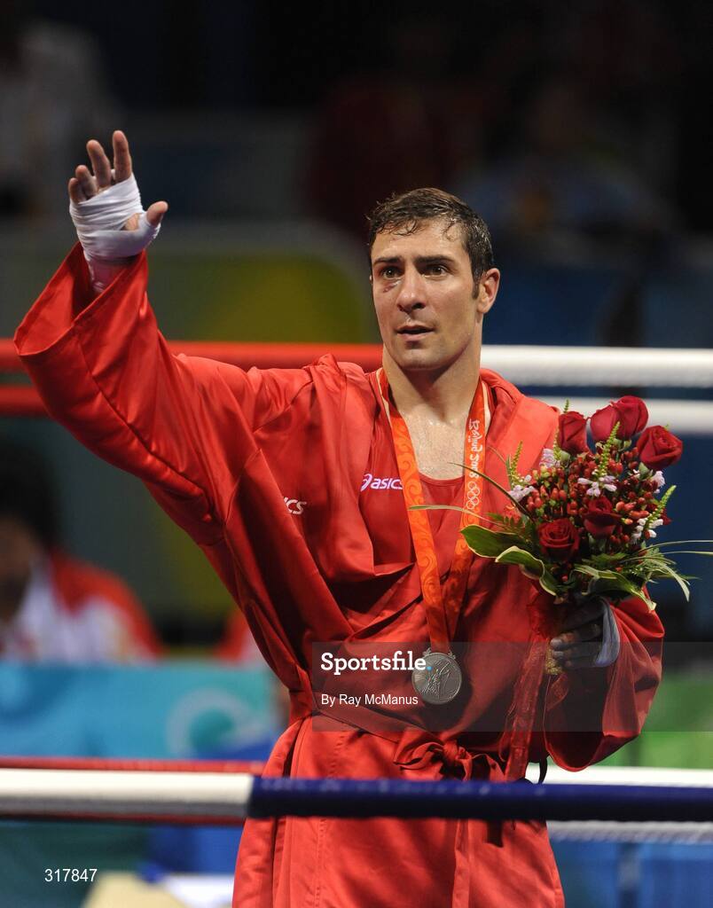 24 August 2008; Ireland's Kenneth Egan celebrates with his silver medal after the presentation in the Light Heavy weight, 81kg, category. Beijing 2008 - Games of the XXIX Olympiad, Beijing Workers' Gymnasium, Olympic Green, Beijing, China. Picture credit: Ray McManus / SPORTSFILE