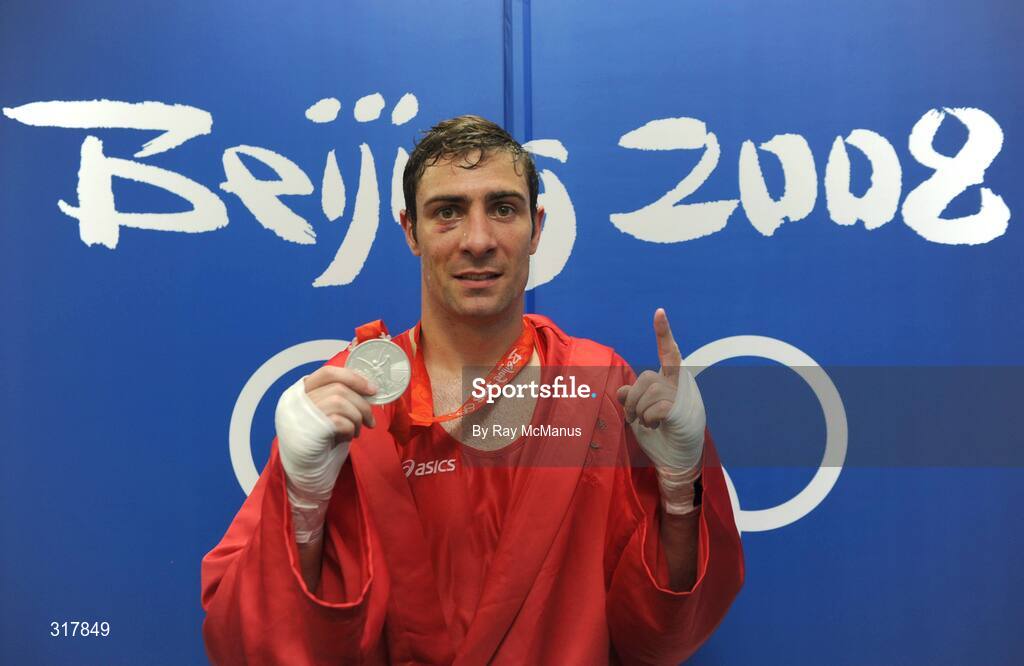 24 August 2008; Ireland's Kenneth Egan celebrates with his Silver medal after the presentation for the Light Heavy weight, 81kg, category. Beijing 2008 - Games of the XXIX Olympiad, Beijing Workers' Gymnasium, Olympic Green, Beijing, China. Picture credit: Ray McManus / SPORTSFILE