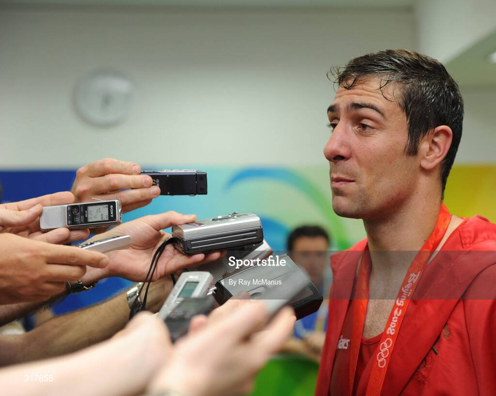 24 August 2008; Ireland's Kenneth Egan speaking to reporters after the presentation in the Light Heavy weight, 81kg, category. Beijing 2008 - Games of the XXIX Olympiad, Beijing Workers' Gymnasium, Olympic Green, Beijing, China. Picture credit: Ray McManus / SPORTSFILE