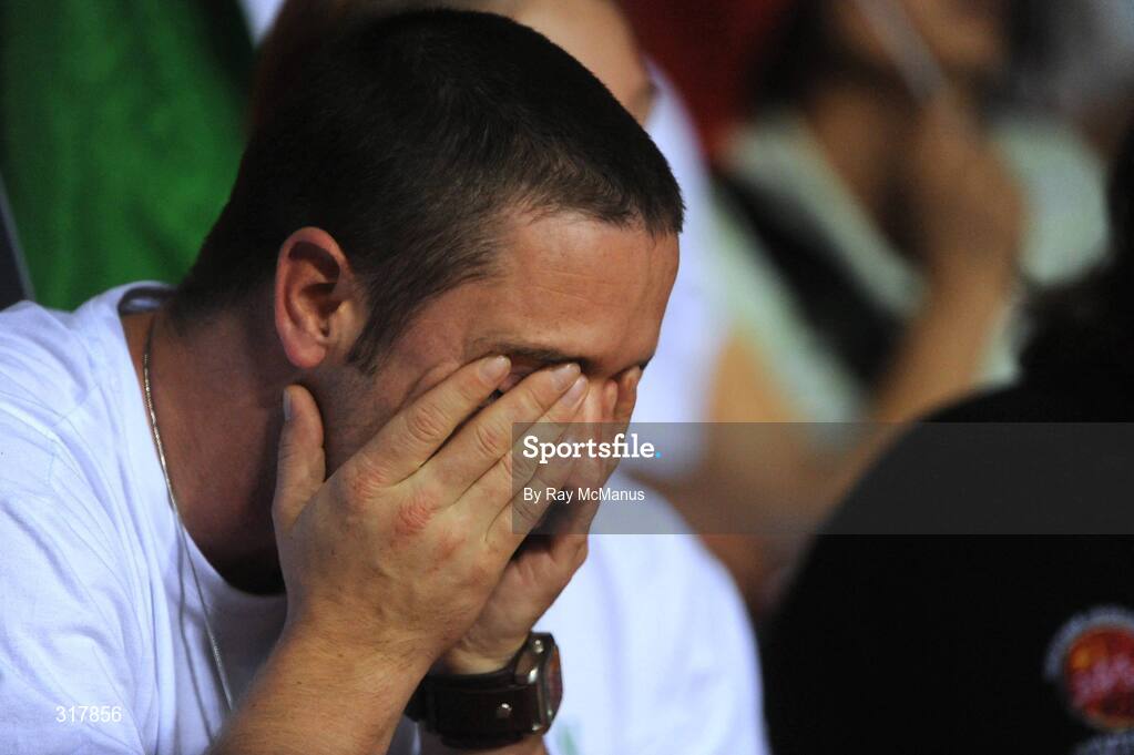 24 August 2008; John Egan, a brother of Kenneth Egan, after the bout with Xiaoping Zhang, China, in the Light Heavy weight Final, 81kg, contest. Beijing 2008 - Games of the XXIX Olympiad, Beijing Workers' Gymnasium, Olympic Green, Beijing, China. Picture credit: Ray McManus / SPORTSFILE