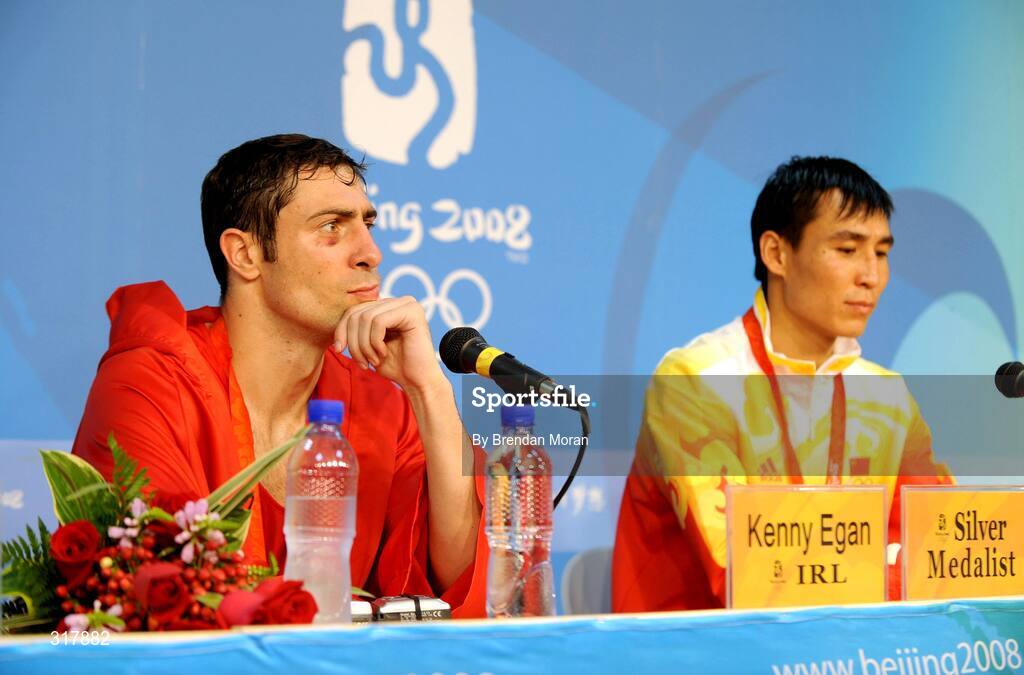 24 August 2008; Kenneth Egan, Ireland, at the press conference with gold medallist Xiaoping Zhang, China, after their Light Heavy weight Final. Beijing 2008 - Games of the XXIX Olympiad, Beijing Workers' Gymnasium, Olympic Green, Beijing, China. Picture credit: Brendan Moran / SPORTSFILE