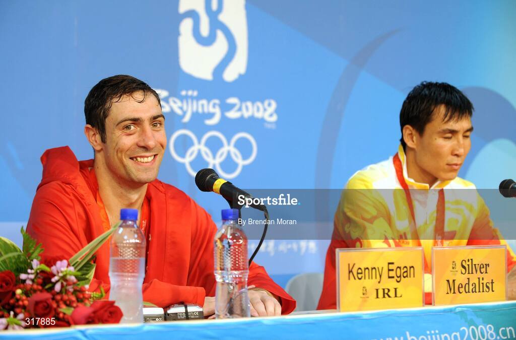 24 August 2008; Kenneth Egan, Ireland, at the press conference with gold medallist Xiaoping Zhang, China, after their Light Heavy weight Final. Beijing 2008 - Games of the XXIX Olympiad, Beijing Workers' Gymnasium, Olympic Green, Beijing, China. Picture credit: Brendan Moran / SPORTSFILE