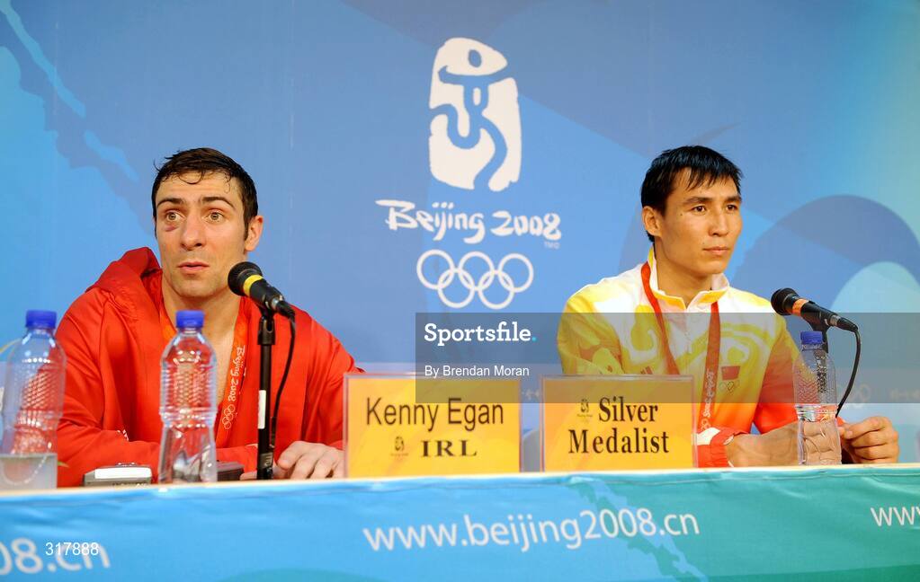 24 August 2008; Kenneth Egan, Ireland, at the press conference with gold medallist Xiaoping Zhang, China, after their Light Heavy weight Final. Beijing 2008 - Games of the XXIX Olympiad, Beijing Workers' Gymnasium, Olympic Green, Beijing, China. Picture credit: Brendan Moran / SPORTSFILE