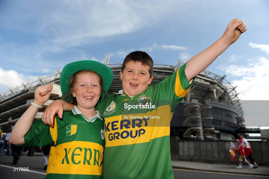 24 August 2008; Kerry supporters Ciara, age 8, and Mark Quigley, age 10, from Valentia, Co. Kerry, ahead of the match. GAA Football All-Ireland Senior Championship Semi-Final, Kerry v Cork, Croke Park, Dublin. Picture credit: Stephen McCarthy / SPORTSFILE