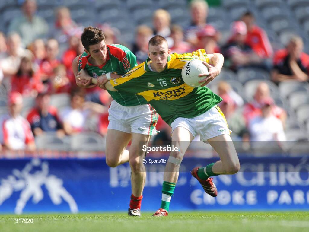 24 August 2008; Cian Tobin, Kerry, in action against David Dolan, Mayo. ESB GAA Football All-Ireland Minor Championship Semi-Final, Kerry v Mayo, Croke Park, Dublin. Photo by Sportsfile