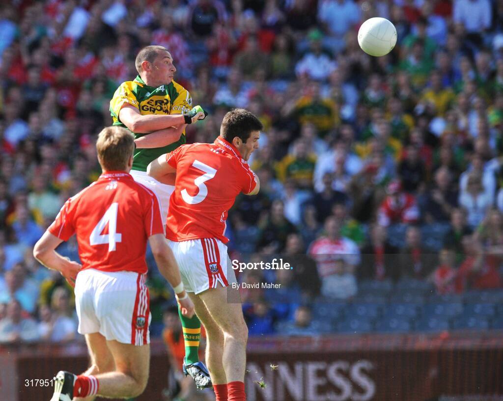 24 August 2008; Kieran Donaghy, Kerry, rises above Derek Kavanagh, Cork to score his side's first goal. GAA Football All-Ireland Senior Championship Semi-Final, Kerry v Cork, Croke Park, Dublin. Picture credit: David Maher / SPORTSFILE