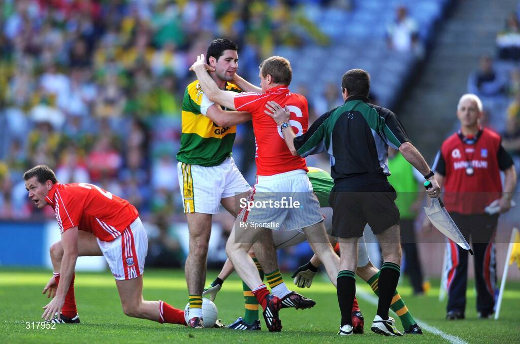 24 August 2008; Ger Spillane, Cork, gets in a tussle with Brian Sheehan, Kerry. GAA Football All-Ireland Senior Championship Semi-Final, Kerry v Cork, Croke Park, Dublin. Photo by Sportsfile