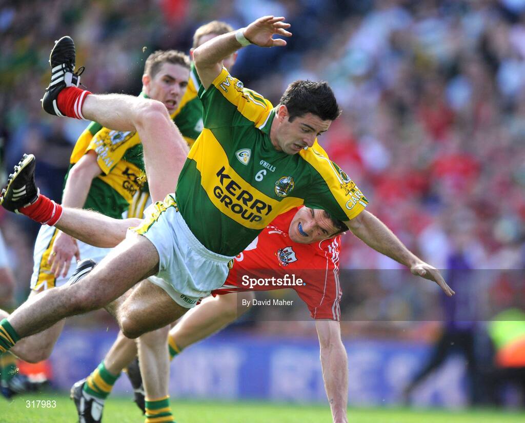 24 August 2008; Aidan O'Mahony, Kerry, fouls Graham Canty, Cork, during injury time to concede a penalty. GAA Football All-Ireland Senior Championship Semi-Final, Kerry v Cork, Croke Park, Dublin. Picture credit: David Maher / SPORTSFILE