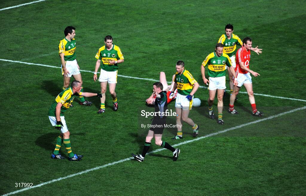 24 August 2008; Referee Joe McQuillan, Cavan, awards Cork a penalty late in the game. GAA Football All-Ireland Senior Championship Semi-Final, Kerry v Cork, Croke Park, Dublin. Picture credit: Stephen McCarthy / SPORTSFILE