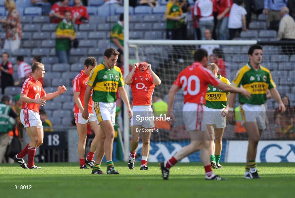 24 August 2008; Cork and Kerry players at the end of the game. GAA Football All-Ireland Senior Championship Semi-Final, Kerry v Cork, Croke Park, Dublin. Photo by Sportsfile