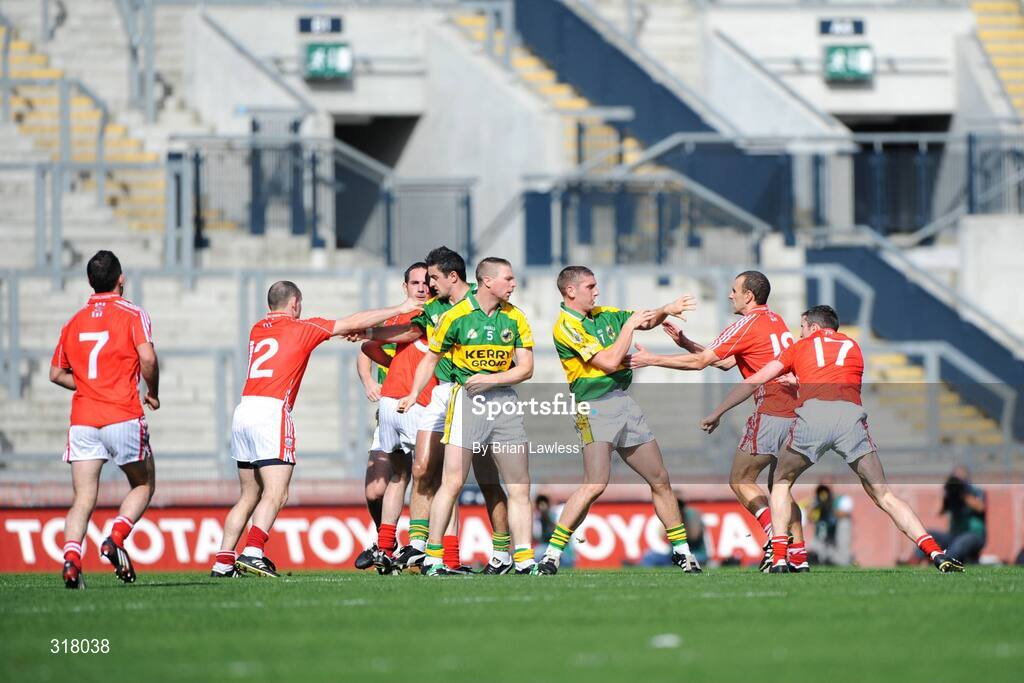 24 August 2008; Cork and Kerry players tussle during the match. GAA Football All-Ireland Senior Championship Semi-Final, Kerry v Cork, Croke Park, Dublin. Picture credit: Brian Lawless / SPORTSFILE