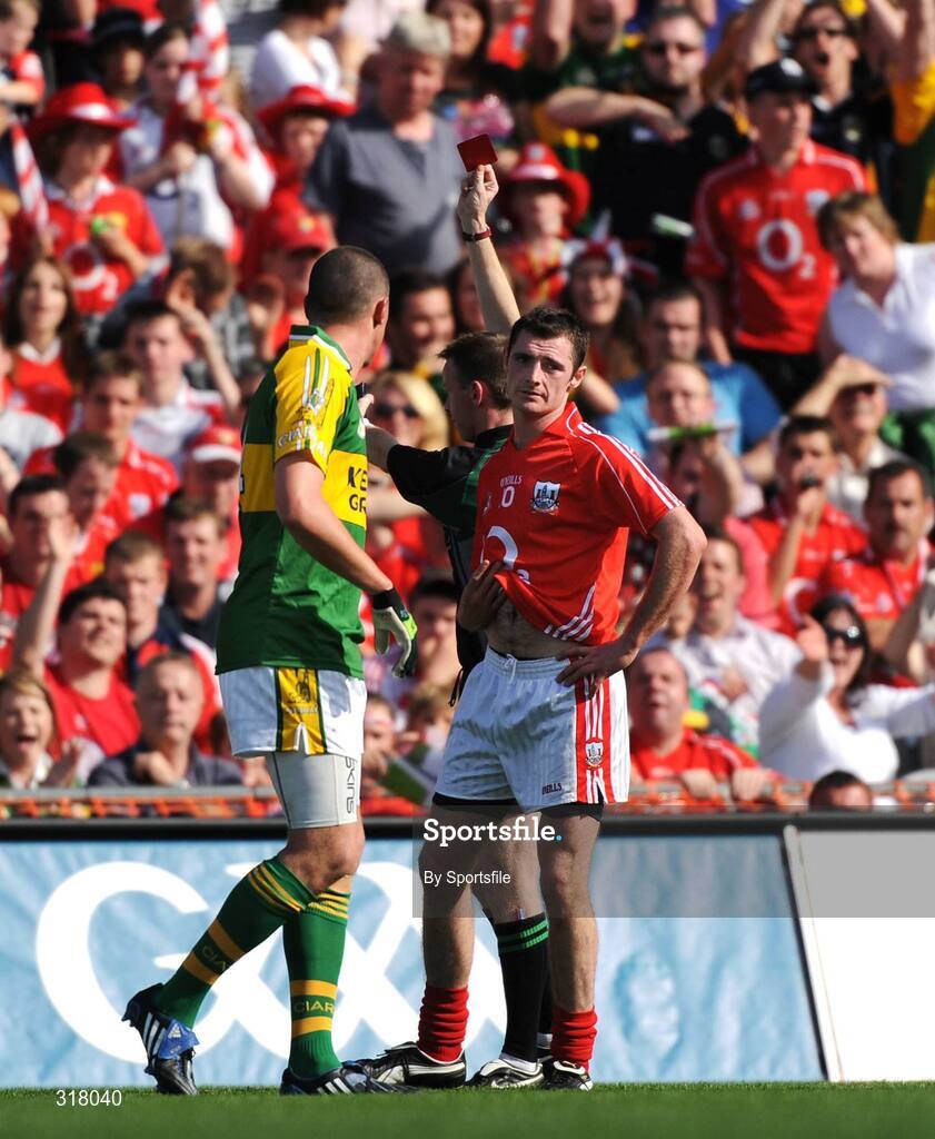 24 August 2008; Donncha O'Connor, Cork, is shown the red card by referee Joe McQuillan. GAA Football All-Ireland Senior Championship Semi-Final, Kerry v Cork, Croke Park, Dublin. Photo by Sportsfile