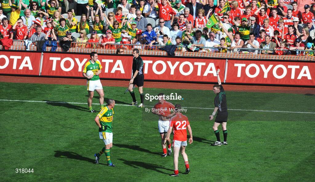 24 August 2008; Referee Joe McQuillan, Cavan, issues a red card to Donncha O'Connor, 10, Cork. GAA Football All-Ireland Senior Championship Semi-Final, Kerry v Cork, Croke Park, Dublin. Picture credit: Stephen McCarthy / SPORTSFILE