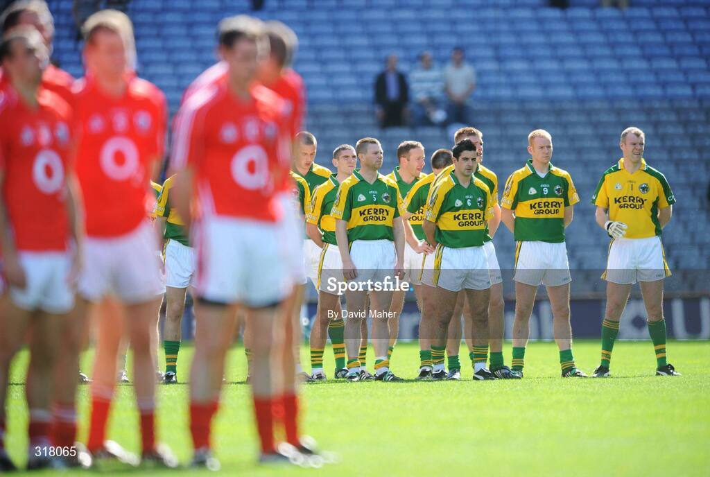 24 August 2008; Players from both Kerry and Cork teams line up during the playing of the national anthem, Amhran na bhFiann, before the start of the game. GAA Football All-Ireland Senior Champship Semi-Final, Kerry v Cork, Croke Park, Dublin. Picture credit: David Maher / SPORTSFILE