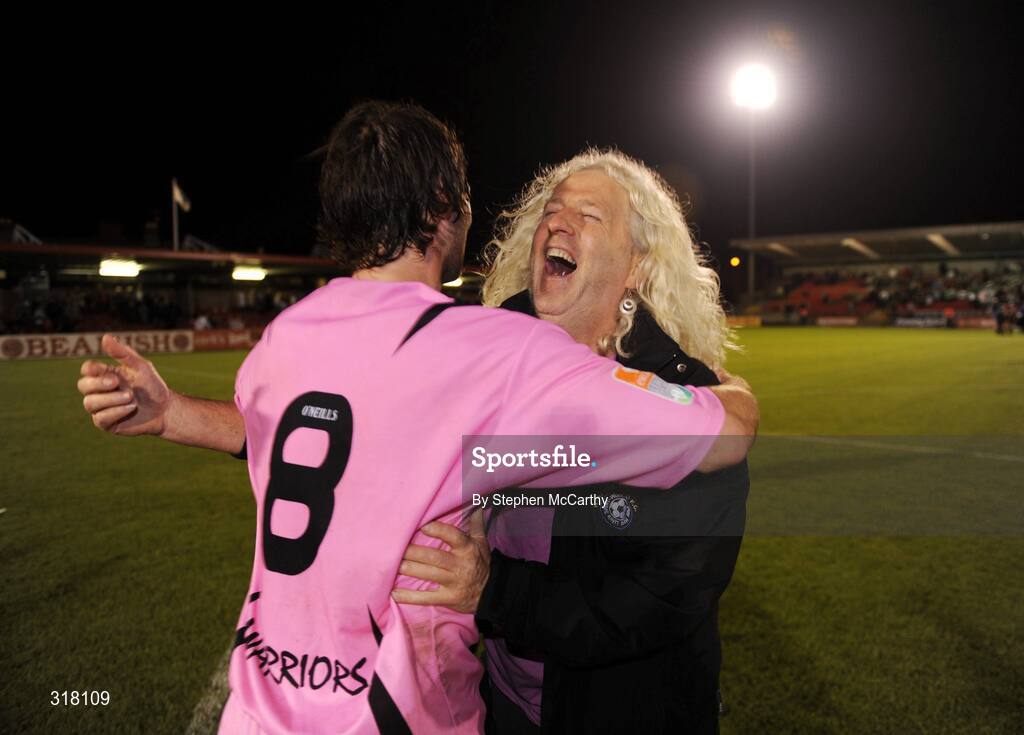 25 August 2008; Wexford Youths manager Mick Wallace celebrates with Patsy Malone after their side's victory. eircom League of Ireland Cup Semi-Final, Cork City v Wexford Youths, Turners Cross, Cork. Picture credit: Stephen McCarthy / SPORTSFILE