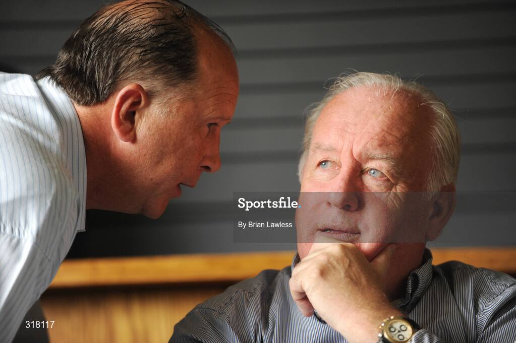 26 August 2008; IRFU Director of Refereeing Owen Doyle, right, in conversation with Referee Coaching & Development Officer David McHugh during the Experimental Law Variations - IRFU Press Conference. Old Belvedere Rugby Club, Dublin. Picture credit: Brian Lawless / SPORTSFILE