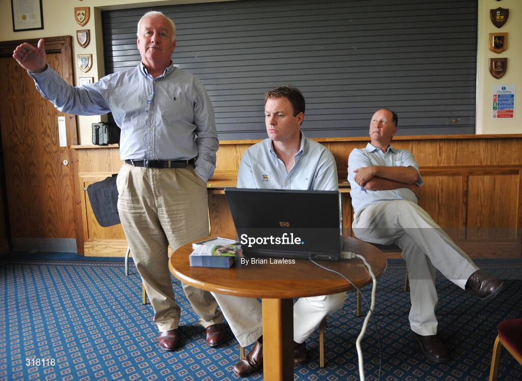 26 August 2008; IRFU Director of Refereeing Owen Doyle, left, David Keane, Referee Development Officer, centre, and David McHugh, Referee Coaching & Development Officer, during the Experimental Law Variations - IRFU Press Conference. Old Belvedere Rugby Club, Dublin. Picture credit: Brian Lawless / SPORTSFILE