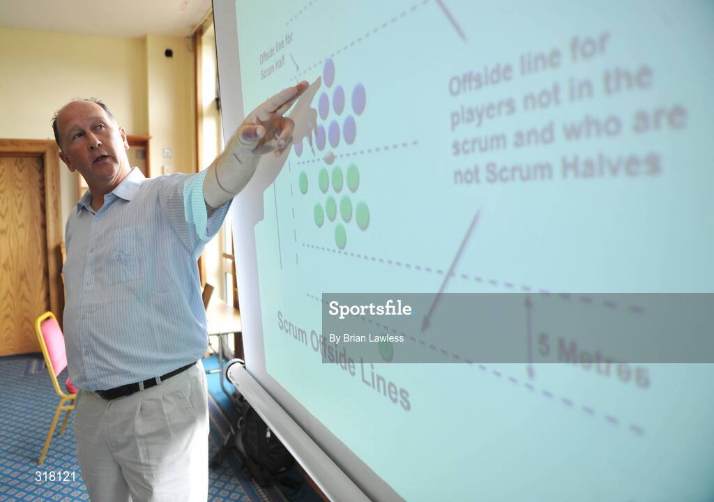 26 August 2008; David McHugh, IRFU Referee Coaching & Development Officer, speaking during the Experimental Law Variations - IRFU Press Conference. Old Belvedere Rugby Club, Dublin. Picture credit: Brian Lawless / SPORTSFILE