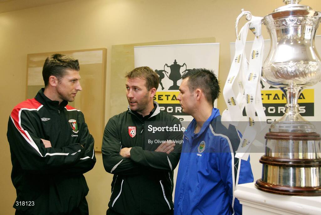 26 August 2008; Paul Leeman, Glentoran, Alan Reynolds, Derry City Assistant manager and Jim Ervin, Linfield, at the Setanta Sports Cup Re-Launch. Fairways Hotel, Dundalk. Picture credit: Oliver McVeigh / SPORTSFILE