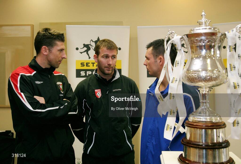 26 August 2008; Paul Leeman, Glentoran, Alan Reynolds, Derry City Assistant manager and Jim Ervin, Linfield, at the Setanta Sports Cup Re-Launch. Fairways Hotel, Dundalk. Picture credit: Oliver McVeigh / SPORTSFILE