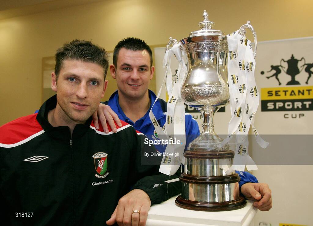 26 August 2008; Paul Leeman, Glentoran, and Jim Ervin, Linfield, at the Setanta Sports Cup Re-Launch. Fairways Hotel, Dundalk. Picture credit: Oliver McVeigh / SPORTSFILE