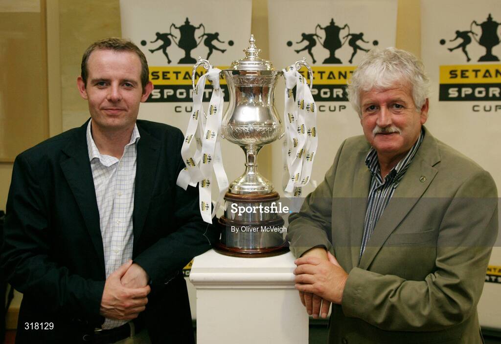 26 August 2008; Tim Tuomey, Setanta Sports Football editor and Milo Corcoran, Chairman Setanta cup tournament committee, at the Setanta Sports Cup Re-Launch. Fairways Hotel, Dundalk. Picture credit: Oliver McVeigh / SPORTSFILE
