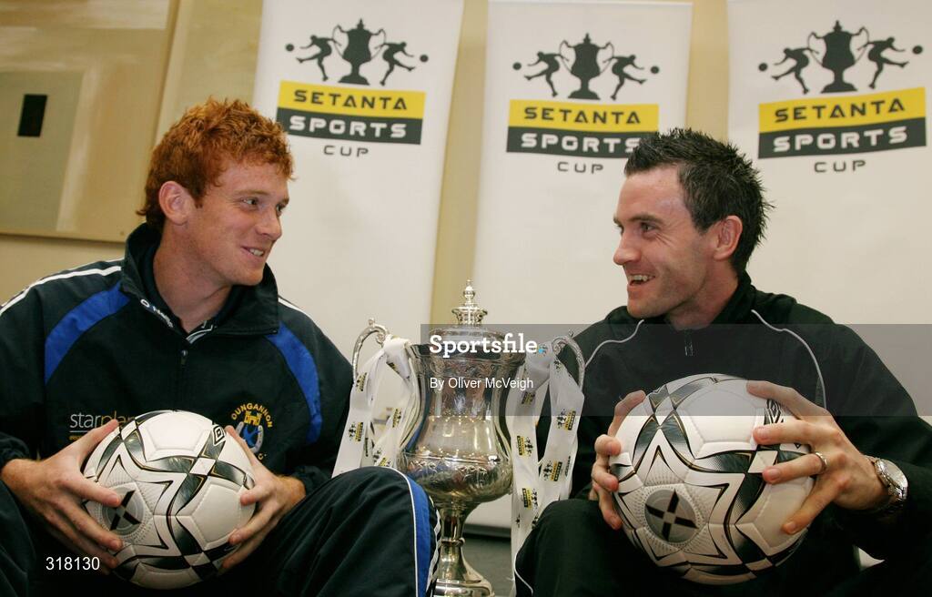 26 August 2008; Brendan Regan, Dungannon Swifts and John Connelly, Cliftonville, at the Setanta Sports Cup Re-Launch. Fairways Hotel, Dundalk. Picture credit: Oliver McVeigh / SPORTSFILE